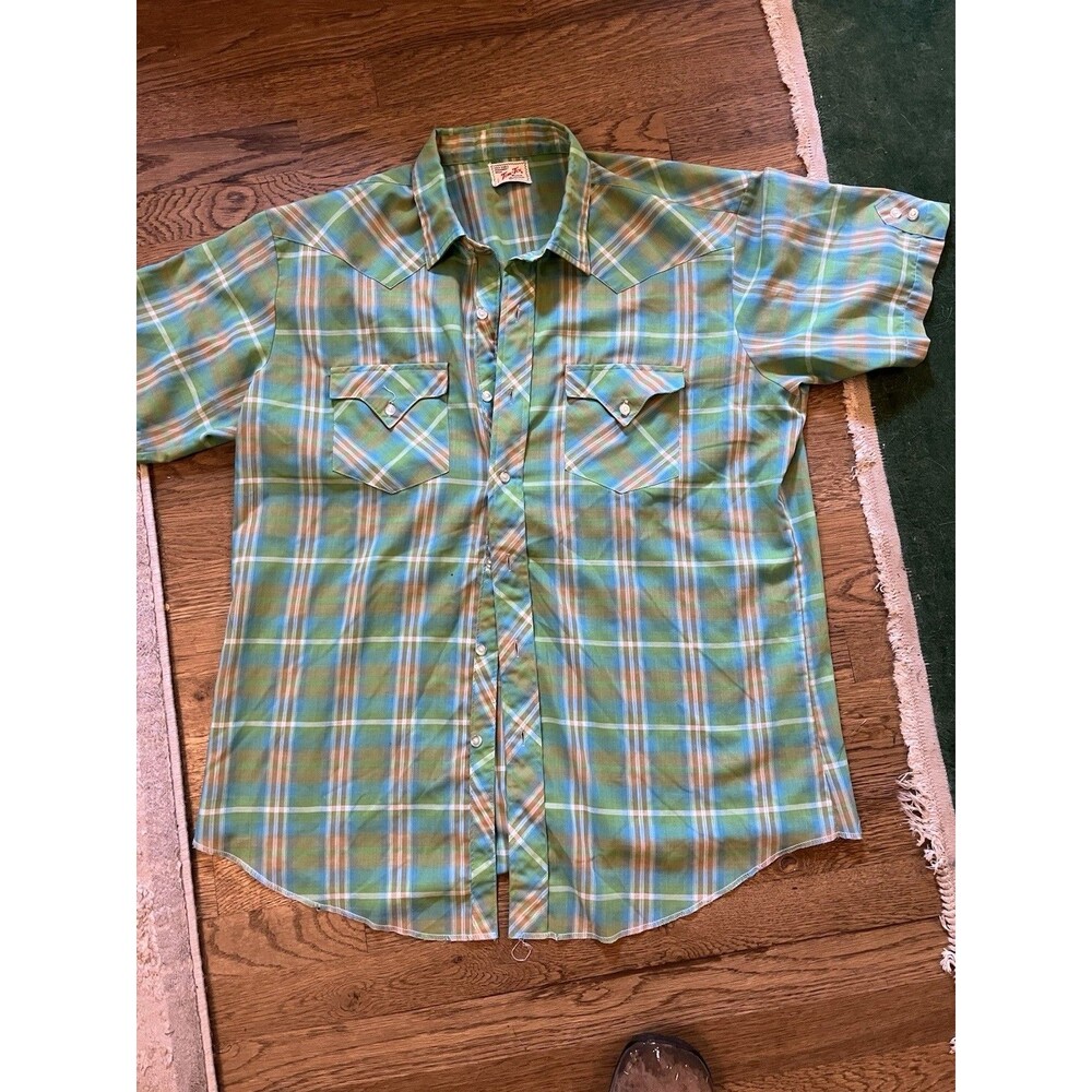 Vintage Men’s Team Tex Western Cut Short Sleeve Button Shirt XL Slim Green Plaid - Picture 3 of 9
